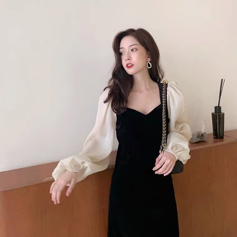 가을 의상 새로운 한국 스타일 금사 벨벳 드레스 광장 칼라 거품 소매 빅 사이즈 슬림해 보이는 드레스 상세 이미지 6