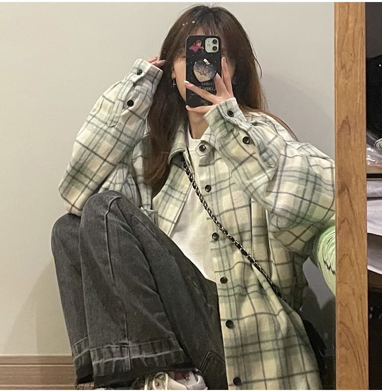 가을 의상 새로운 빅 사이즈 여성 의류 격자 무늬 셔츠 디자인 센스 자외선 차단 프랑스식 셔츠 긴팔 맨위 이미지 4
