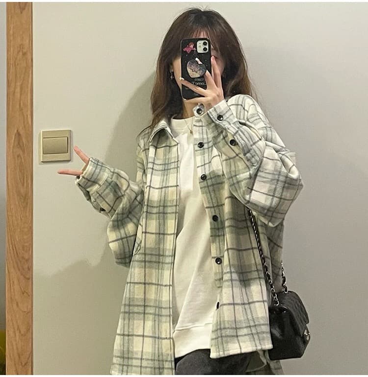 가을 의상 새로운 빅 사이즈 여성 의류 격자 무늬 셔츠 디자인 센스 자외선 차단 프랑스식 셔츠 긴팔 맨위 이미지 3