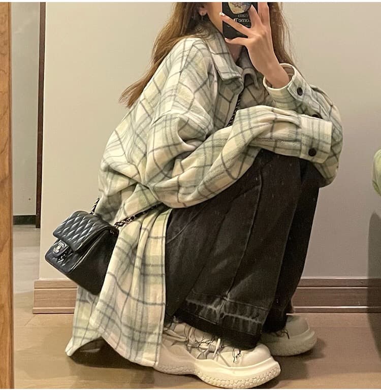 가을 의상 새로운 빅 사이즈 여성 의류 격자 무늬 셔츠 디자인 센스 자외선 차단 프랑스식 셔츠 긴팔 맨위 상세 이미지 4