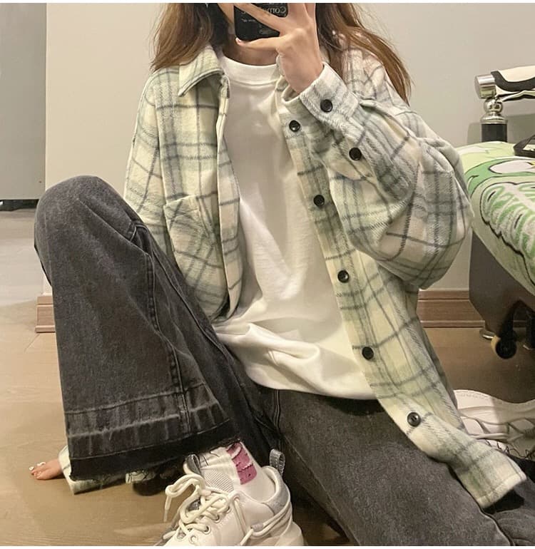 가을 의상 새로운 빅 사이즈 여성 의류 격자 무늬 셔츠 디자인 센스 자외선 차단 프랑스식 셔츠 긴팔 맨위 상세 이미지 5