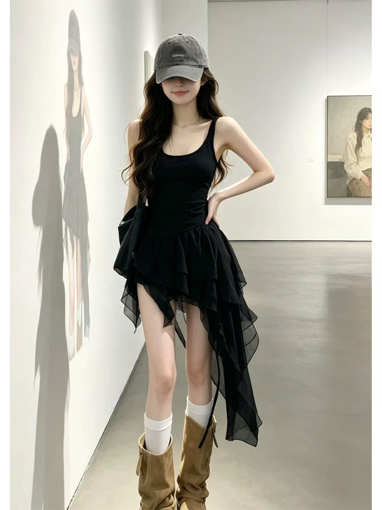 프랑스식 그는 벤 바람 검정색 슬립 여성 드레스 여름 허리 수축 불규칙 망사 패치워크 슬림해 보이는 품격 작은 검은 드레스 이미지 2