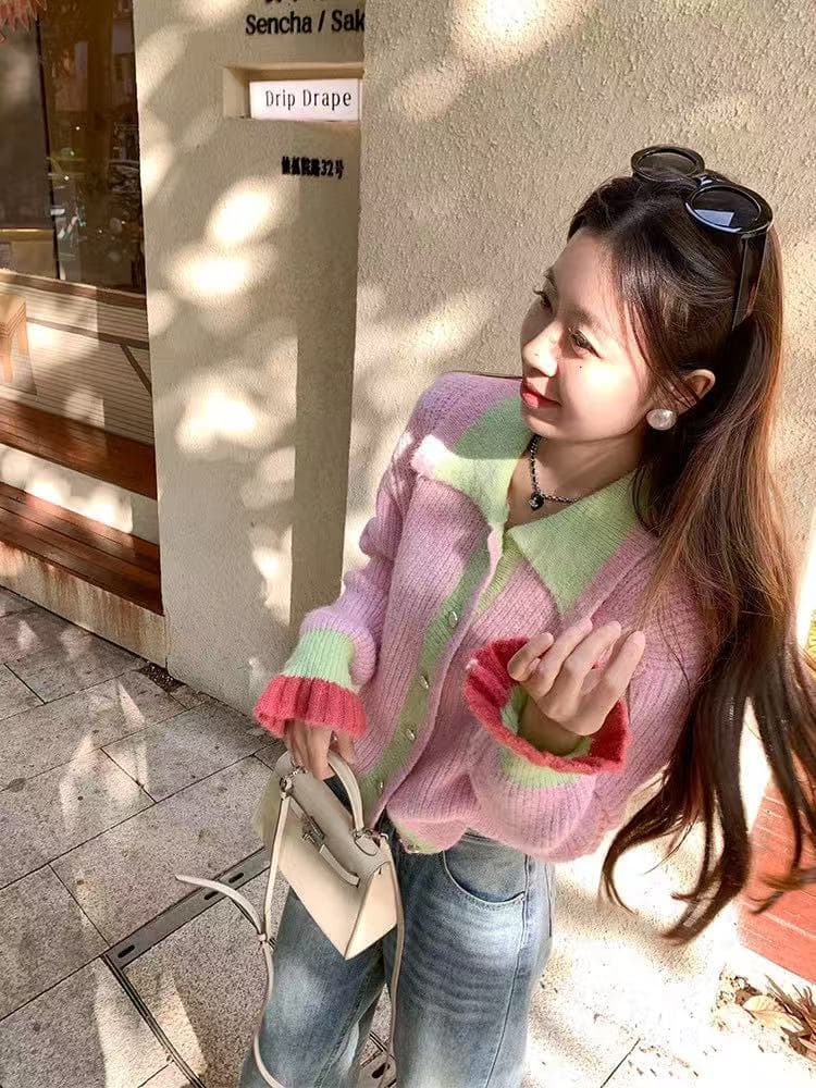 한 번 작은 짭짤한 한 부서 핑크색 배색 루즈핏 폴로 칼라 부서 버클 스웨터 여자 봄 가을 캐주얼 다용도 니트 오픈 가디건 이미지 2