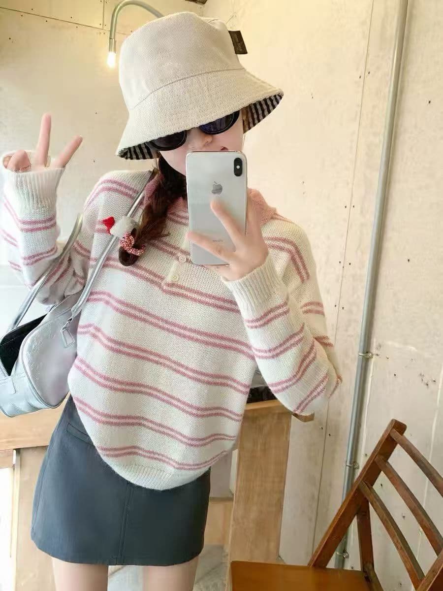 한 번 작은 짭짤한 한 부서 핑크색 스트라이프 POLO 칼라 니트 스웨터 여성 가을 겨울철 새로운 루즈핏 인사이드 가져 가라. 스웨터 세트