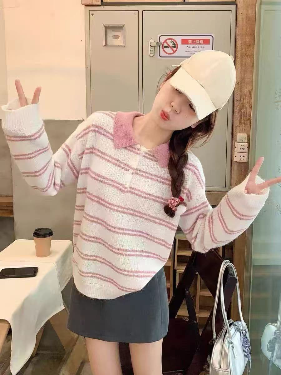 한 번 작은 짭짤한 한 부서 핑크색 스트라이프 POLO 칼라 니트 스웨터 여성 가을 겨울철 새로운 루즈핏 인사이드 가져 가라. 스웨터 세트 상세 이미지 2