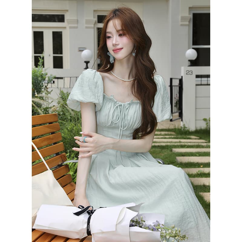 실사 여름 새로운 여성 의류 프랑스식 복잡한 고대 칼라 프릴 치마 반팔 쉬폰 드레스 이미지 3
