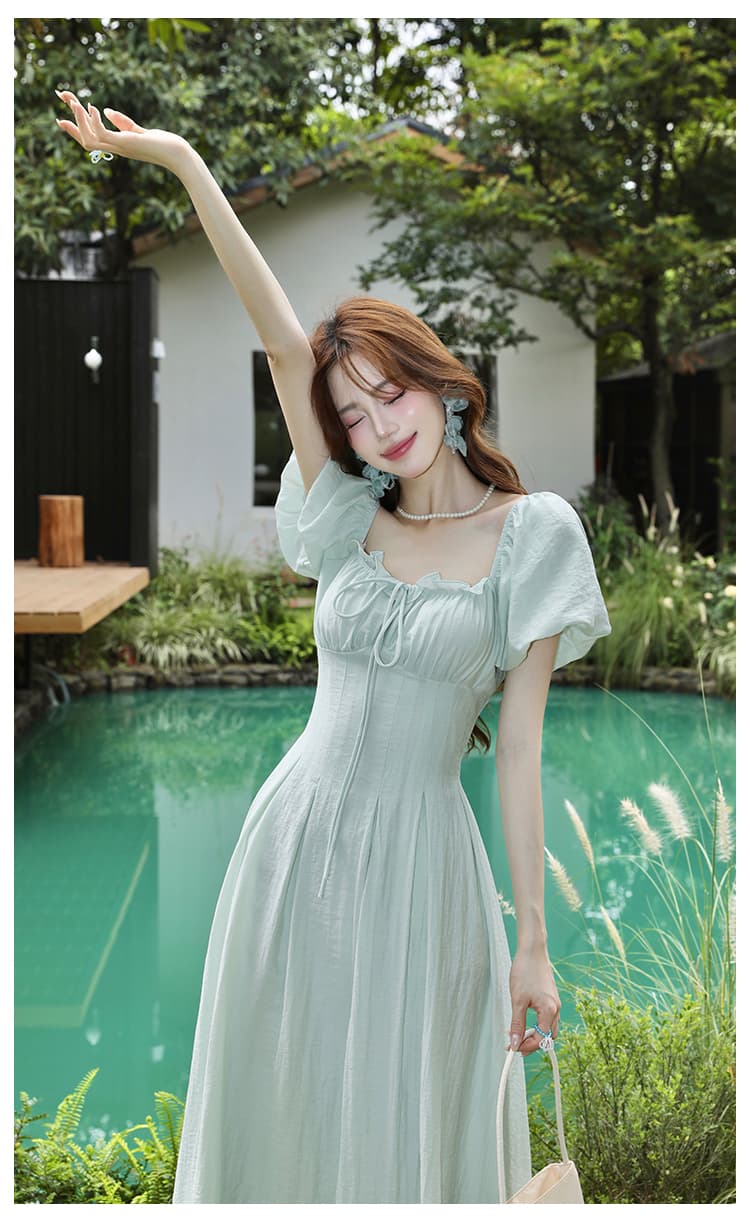 실사 여름 새로운 여성 의류 프랑스식 복잡한 고대 칼라 프릴 치마 반팔 쉬폰 드레스 상세 이미지 6