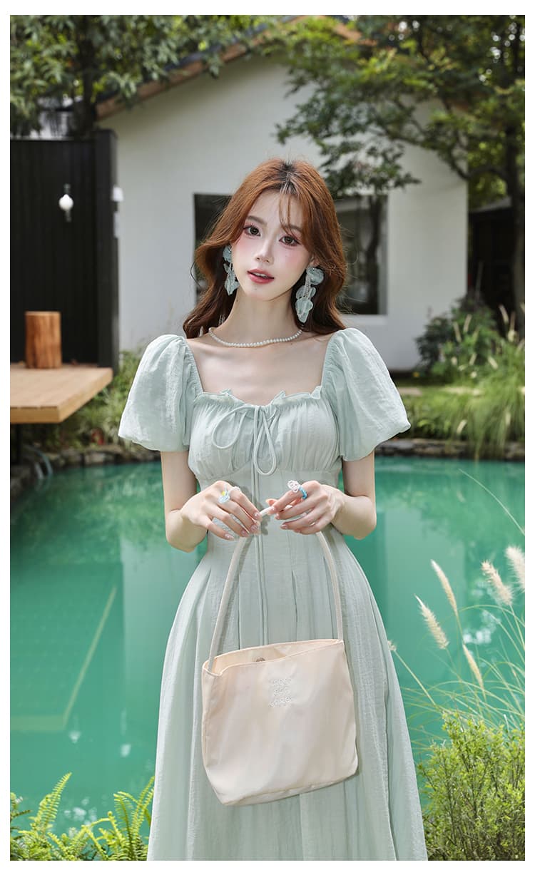 실사 여름 새로운 여성 의류 프랑스식 복잡한 고대 칼라 프릴 치마 반팔 쉬폰 드레스 상세 이미지 8