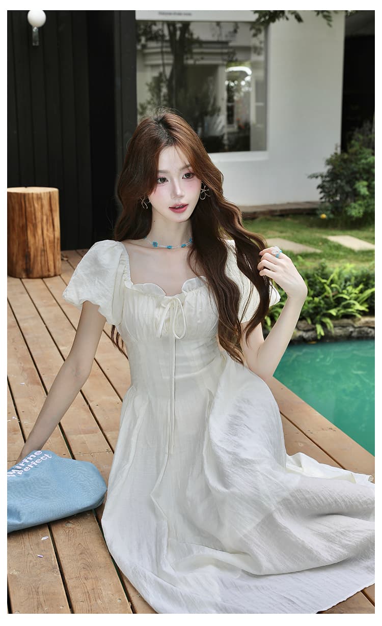 실사 여름 새로운 여성 의류 프랑스식 복잡한 고대 칼라 프릴 치마 반팔 쉬폰 드레스 상세 이미지 18