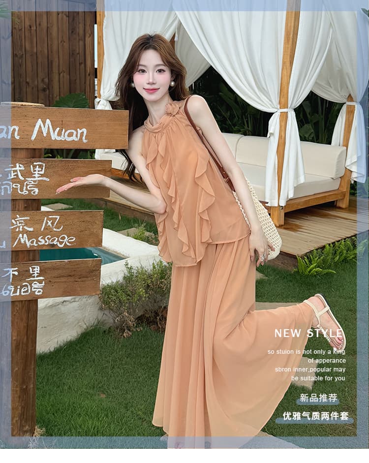 실사 여름 새로운 여성 의류 프랑스식 우아함 단색 쉬폰 블라우스 쉬폰 반신 스커트 투피스 세트 여성복 상세 이미지 1