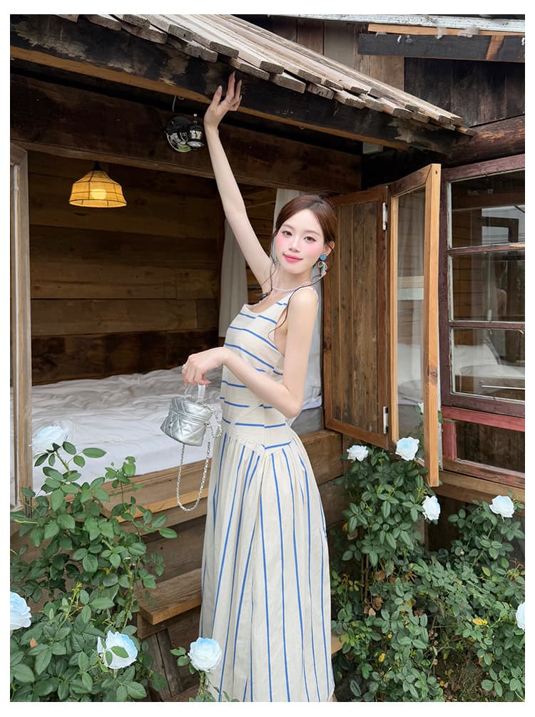 실사 여름 새로운 여성 의류 프랑스식 우아함 슬립 치마 몸매 가꾸기 슬림해 보이는 스트라이프 드레스 상세 이미지 8