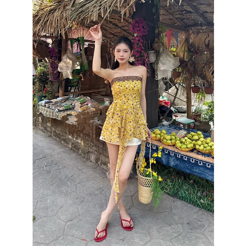 실사 여름 새로운 여성 의류 레이스 조각 튜브탑 맨위 작은 셔츠 불규칙 꽃무늬 시폰 셔츠 여성 이미지 5
