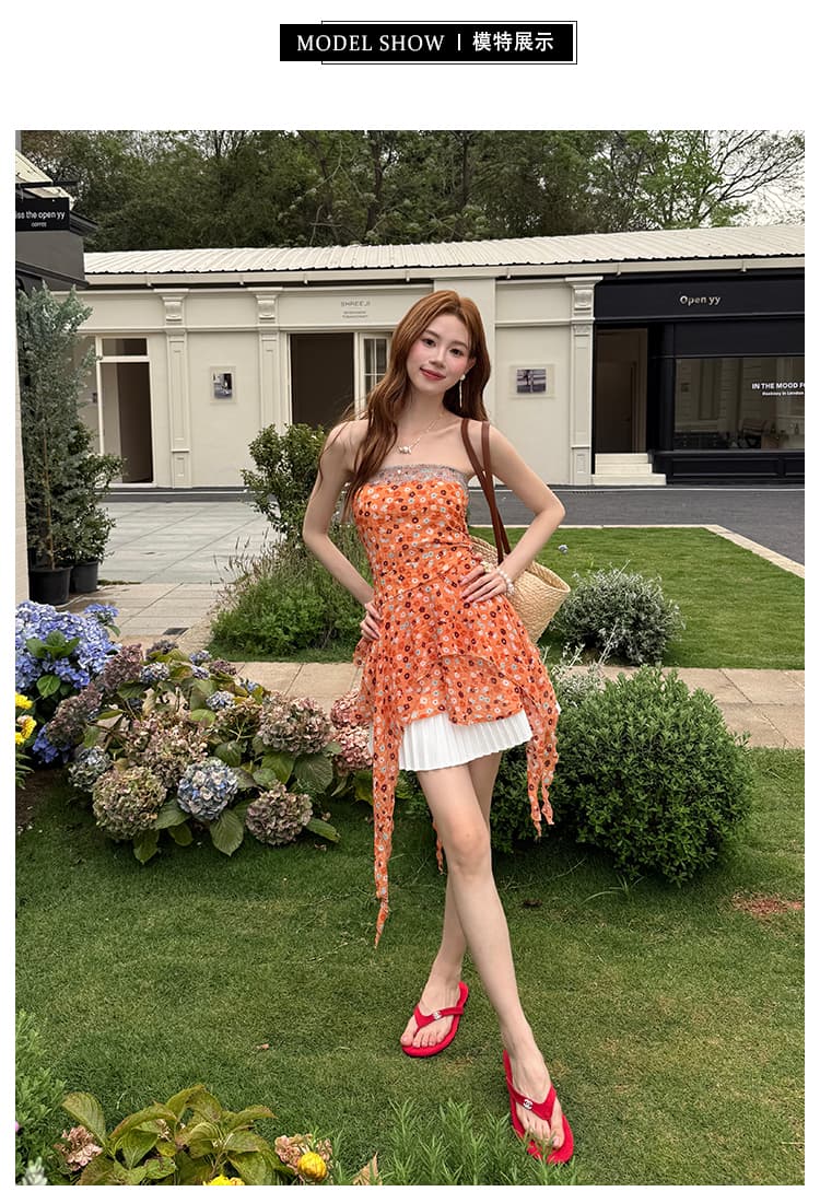 실사 여름 새로운 여성 의류 레이스 조각 튜브탑 맨위 작은 셔츠 불규칙 꽃무늬 시폰 셔츠 여성 상세 이미지 4