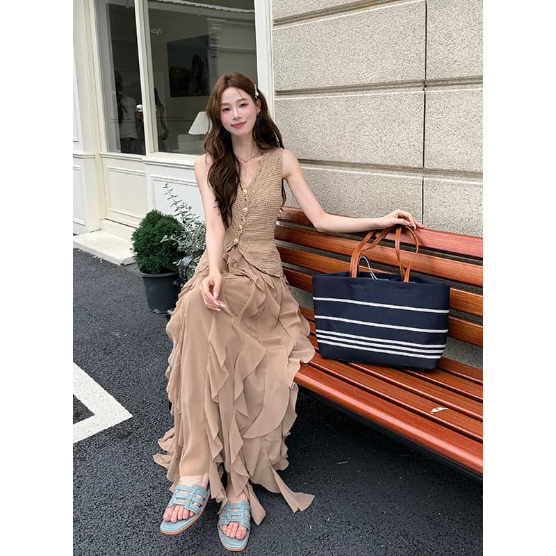 실사 여름 새로운 단색 니트 스웨터 우아한 프릴 반신 스커트 두 조각 여성 세트 패션 세트 이미지 6