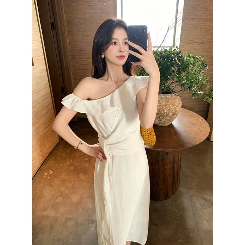 실사 여름 새로운 프랑스식 우아함 단색 레이스업 치마 프릴 여성 드레스 이미지 3