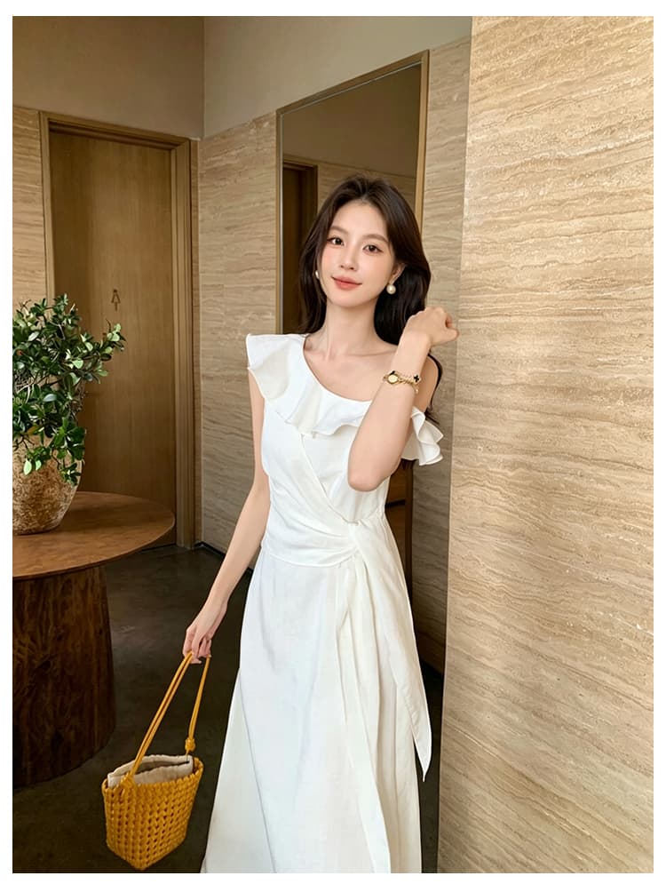 실사 여름 새로운 프랑스식 우아함 단색 레이스업 치마 프릴 여성 드레스 상세 이미지 6