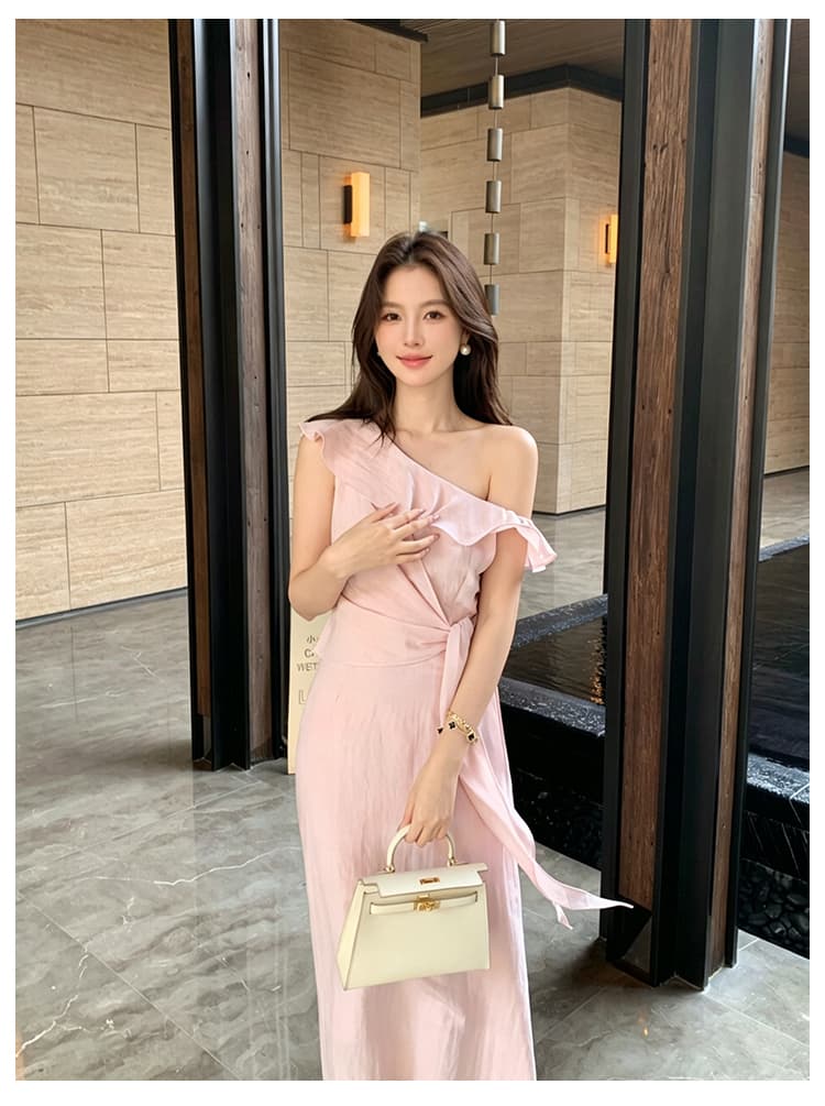 실사 여름 새로운 프랑스식 우아함 단색 레이스업 치마 프릴 여성 드레스 상세 이미지 12