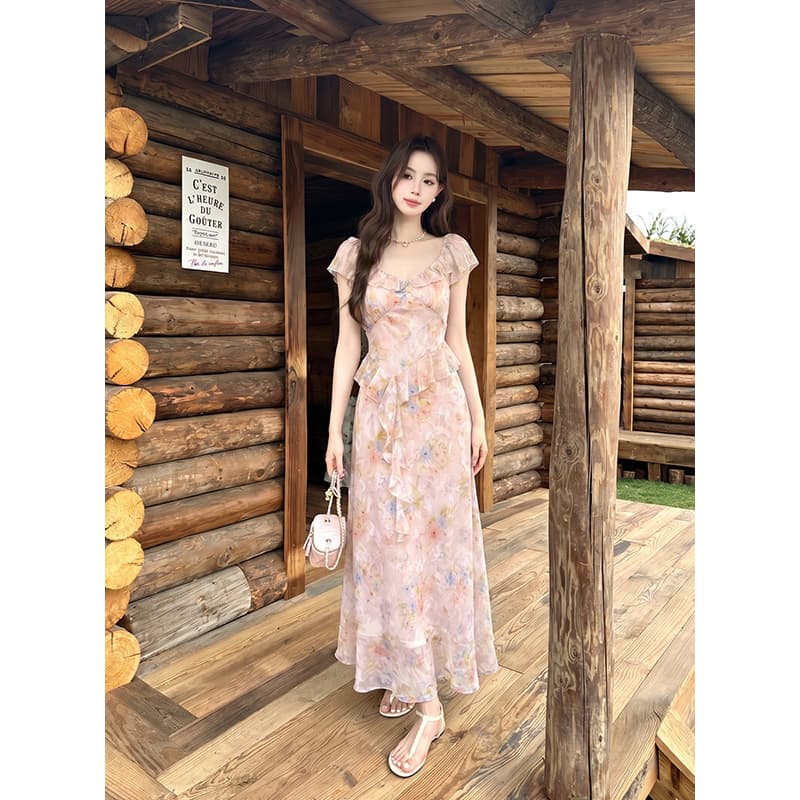 실사 여름 새로운 프랑스식 낭만주의 프린트 프릴 치마 반팔 쉬폰 꽃무늬 여성 드레스 이미지 5