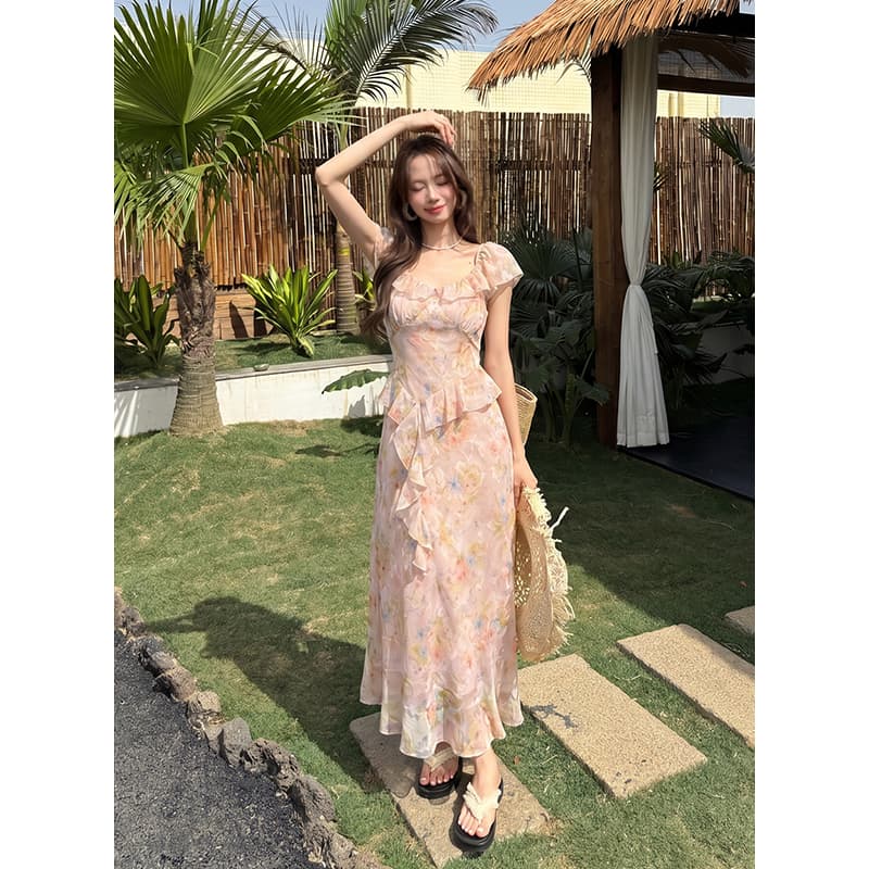 실사 여름 새로운 프랑스식 낭만주의 프린트 프릴 치마 반팔 쉬폰 꽃무늬 여성 드레스 이미지 6