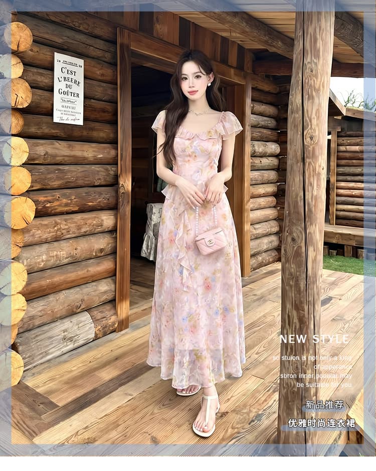 실사 여름 새로운 프랑스식 낭만주의 프린트 프릴 치마 반팔 쉬폰 꽃무늬 여성 드레스 상세 이미지 1