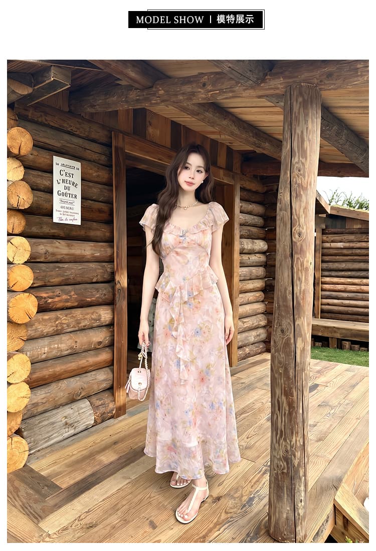 실사 여름 새로운 프랑스식 낭만주의 프린트 프릴 치마 반팔 쉬폰 꽃무늬 여성 드레스 상세 이미지 4