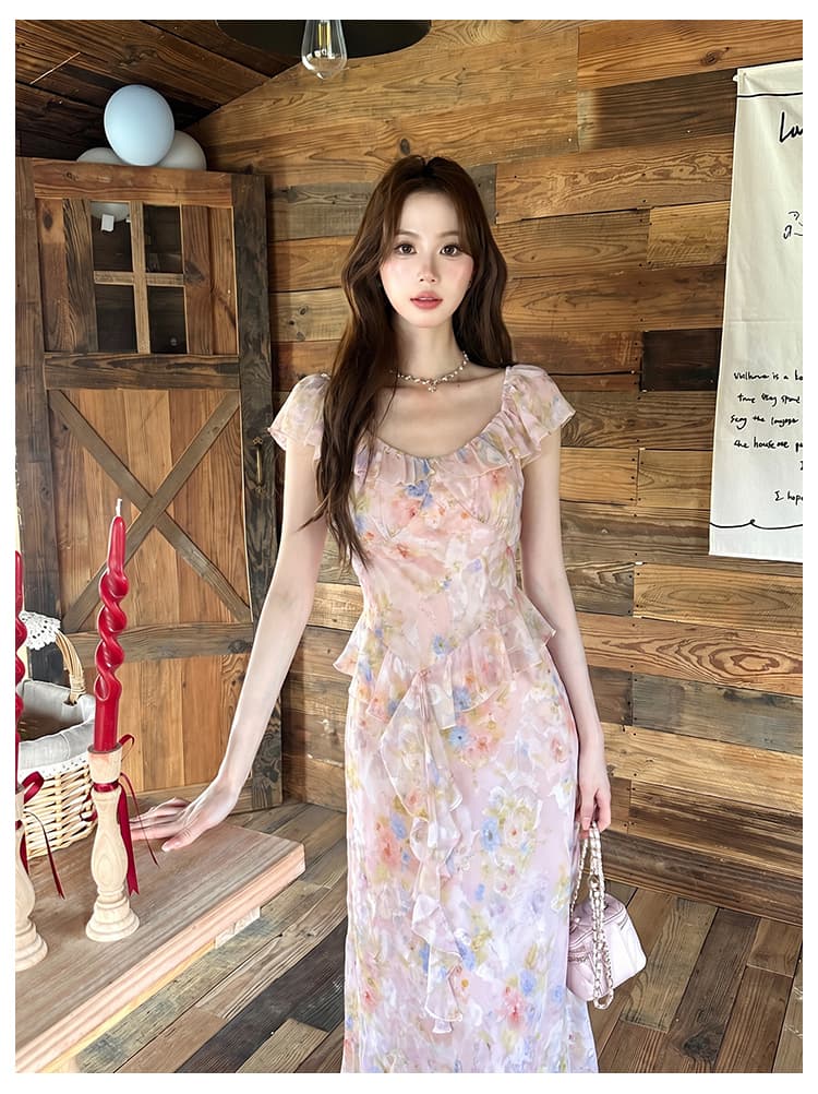 실사 여름 새로운 프랑스식 낭만주의 프린트 프릴 치마 반팔 쉬폰 꽃무늬 여성 드레스 상세 이미지 5