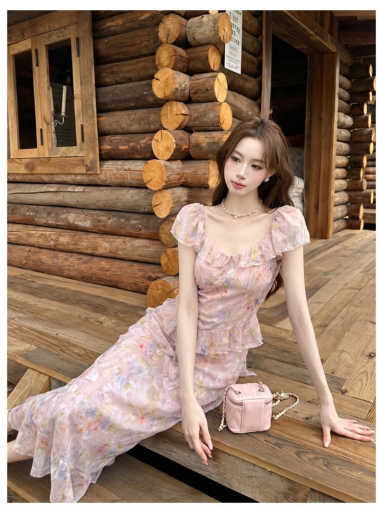 실사 여름 새로운 프랑스식 낭만주의 프린트 프릴 치마 반팔 쉬폰 꽃무늬 여성 드레스 상세 이미지 7