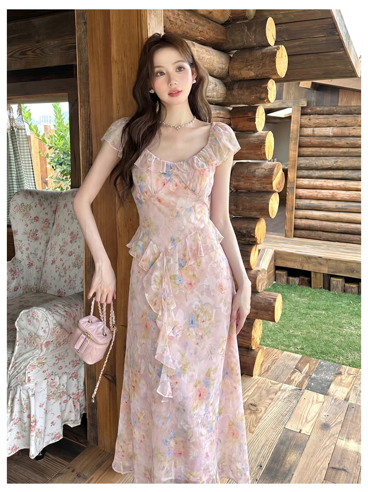 실사 여름 새로운 프랑스식 낭만주의 프린트 프릴 치마 반팔 쉬폰 꽃무늬 여성 드레스 상세 이미지 8