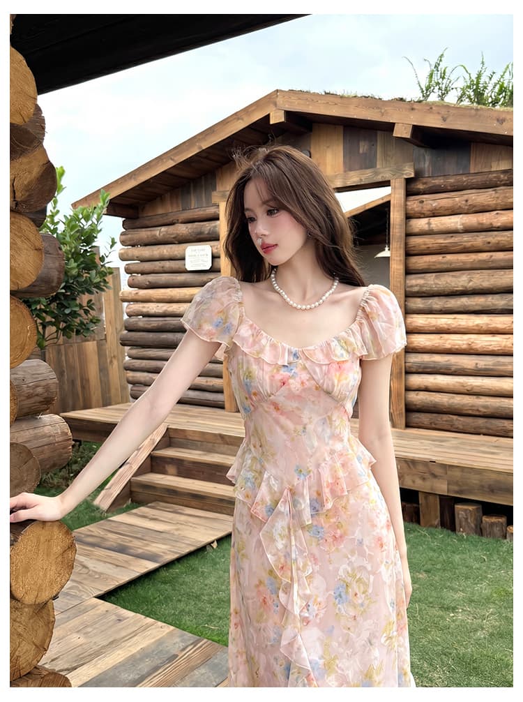 실사 여름 새로운 프랑스식 낭만주의 프린트 프릴 치마 반팔 쉬폰 꽃무늬 여성 드레스 상세 이미지 9