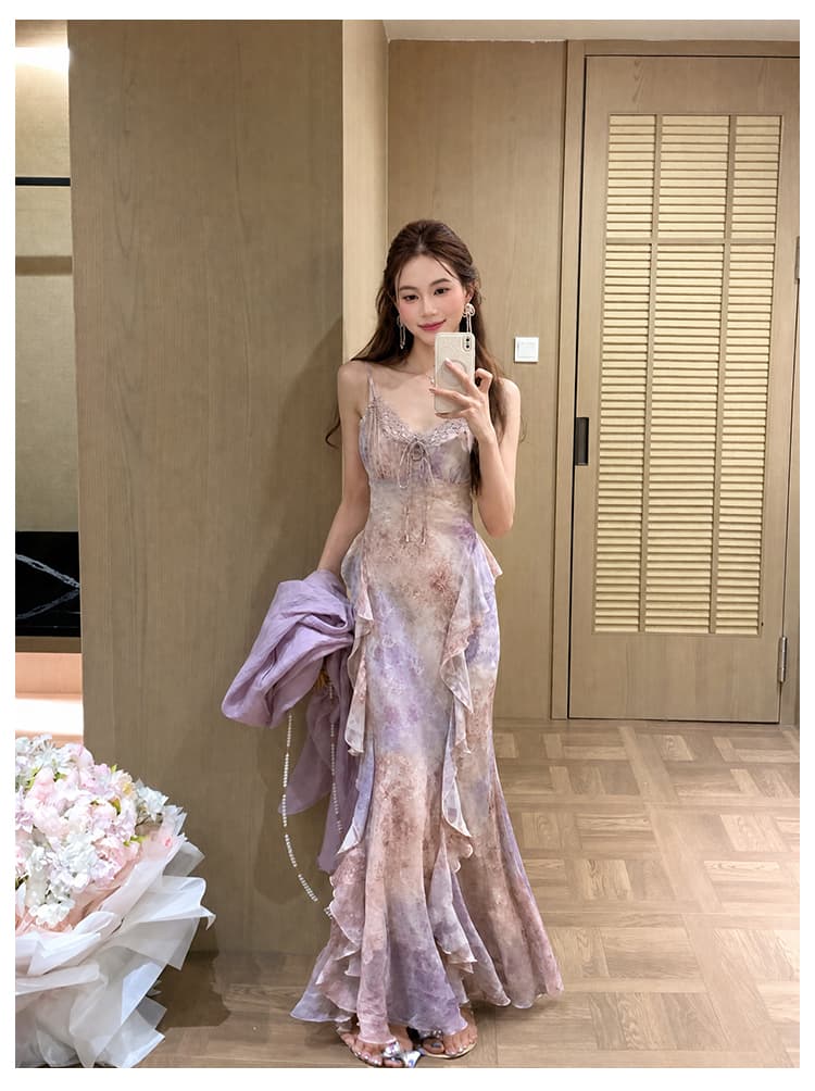 실사 여름 새로운 단색 쉬폰 자외선 차단 오픈 가디건 우아함 품격 쉬폰 꽃무늬 여성 드레스 투피스 세트 상세 이미지 6