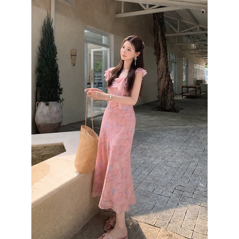 실사 여름 새로운 여성 의류 프랑스식 우아함 나비 매듭 프린트 치마 쉬폰 꽃무늬 여성 드레스 이미지 3