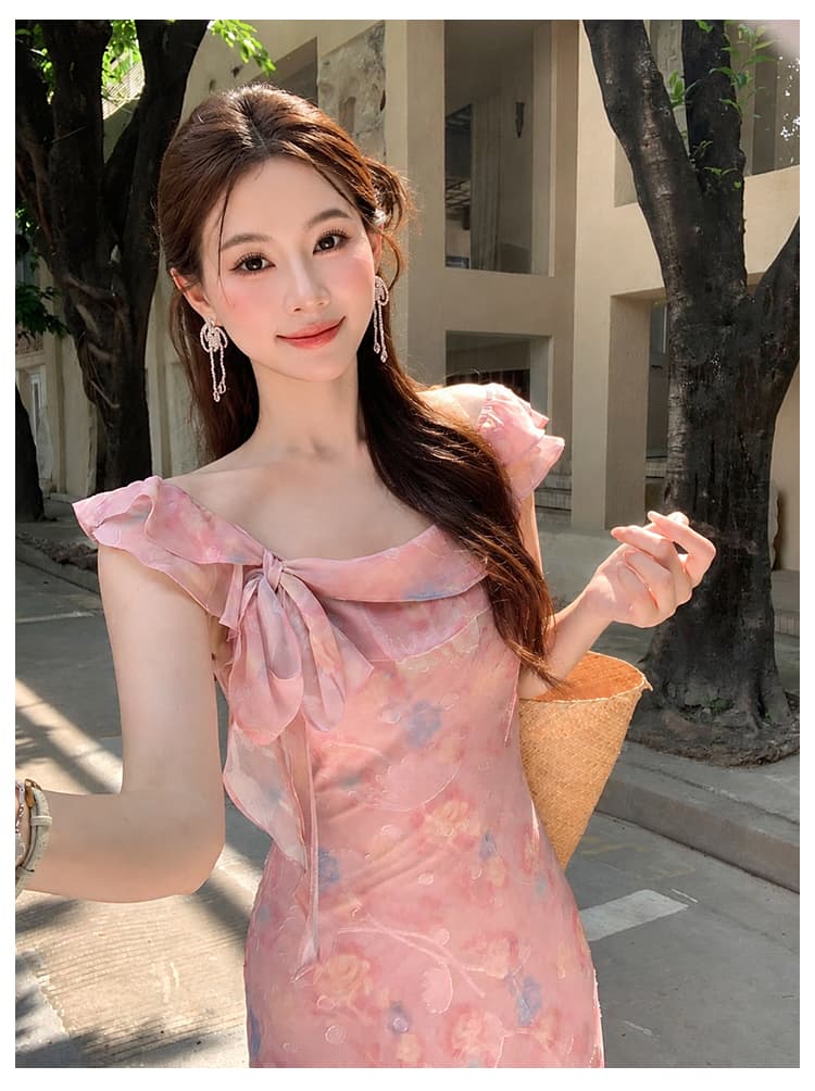 실사 여름 새로운 여성 의류 프랑스식 우아함 나비 매듭 프린트 치마 쉬폰 꽃무늬 여성 드레스 상세 이미지 6
