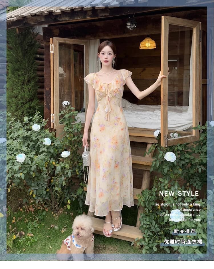 실사 여름 새로운 여성 의류 프랑스식 우아함 프릴 프린트 치마 쉬폰 꽃무늬 여성 드레스 상세 이미지 1