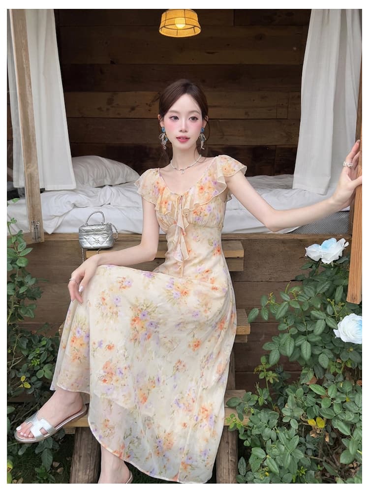 실사 여름 새로운 여성 의류 프랑스식 우아함 프릴 프린트 치마 쉬폰 꽃무늬 여성 드레스 상세 이미지 4