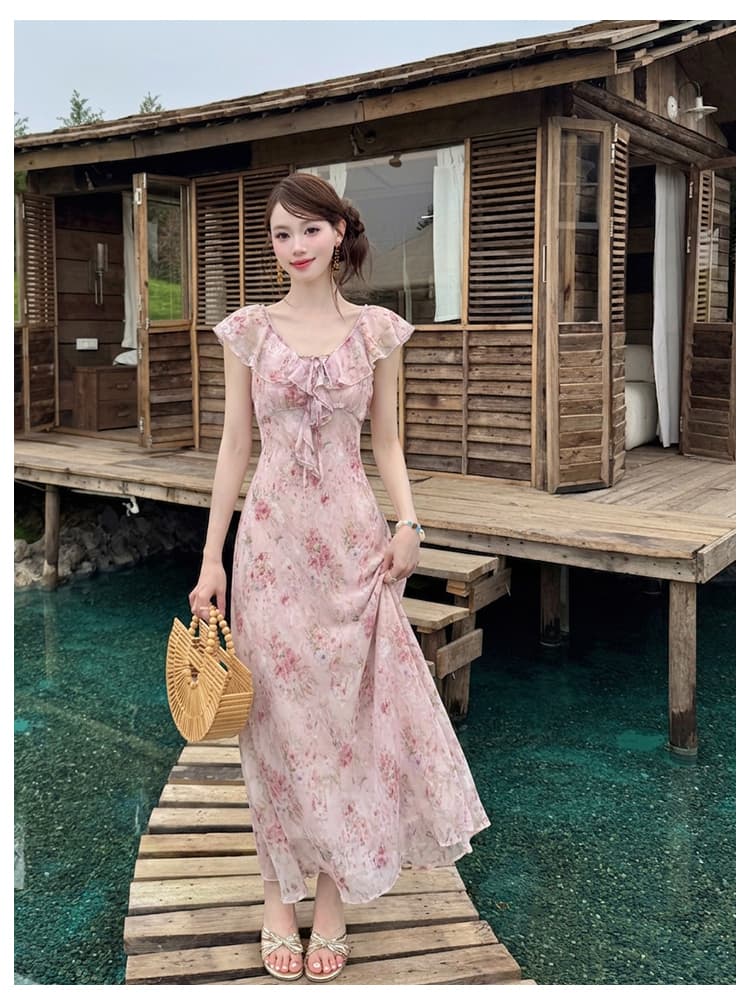 실사 여름 새로운 여성 의류 프랑스식 우아함 프릴 프린트 치마 쉬폰 꽃무늬 여성 드레스 상세 이미지 8