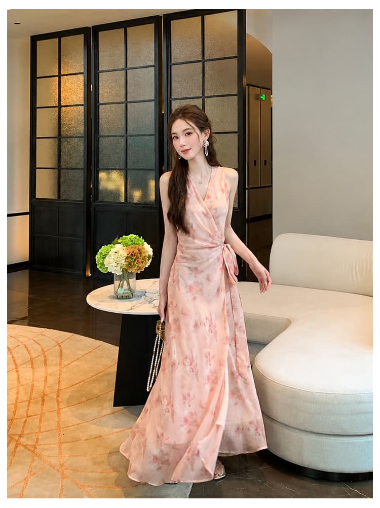 실사 여름 새로운 여성 의류 프랑스식 우아함 하나 슬라이스 프린트 치마 쉬폰 꽃무늬 여성 드레스 상세 이미지 5