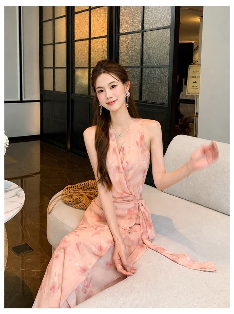 실사 여름 새로운 여성 의류 프랑스식 우아함 하나 슬라이스 프린트 치마 쉬폰 꽃무늬 여성 드레스 상세 이미지 7