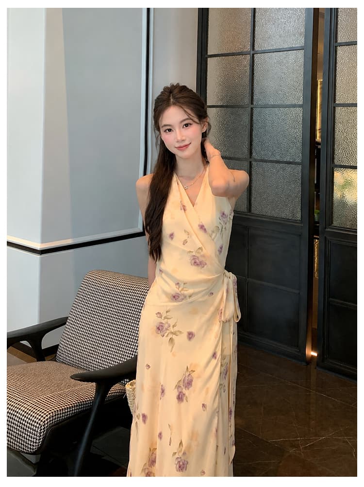 실사 여름 새로운 여성 의류 프랑스식 우아함 하나 슬라이스 프린트 치마 쉬폰 꽃무늬 여성 드레스 상세 이미지 10