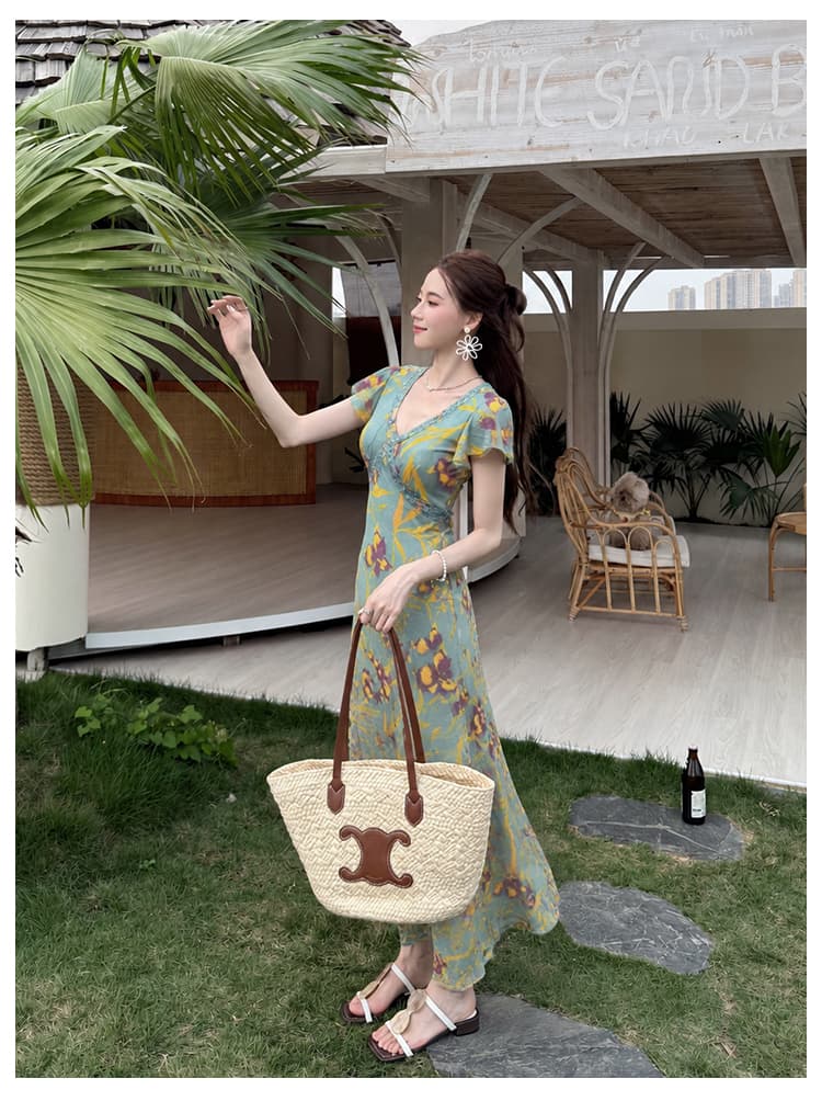 실사 여름 새로운 여성 의류 프랑스식 우아함 레이스 프린트 치마 반팔 쉬폰 꽃무늬 여성 드레스 상세 이미지 6