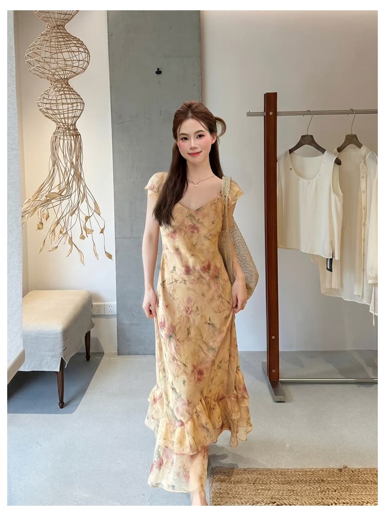 실사 여름 새로운 여성 의류 프랑스식 우아함 프린트 치마 반팔 쉬폰 꽃무늬 여성 드레스 상세 이미지 7
