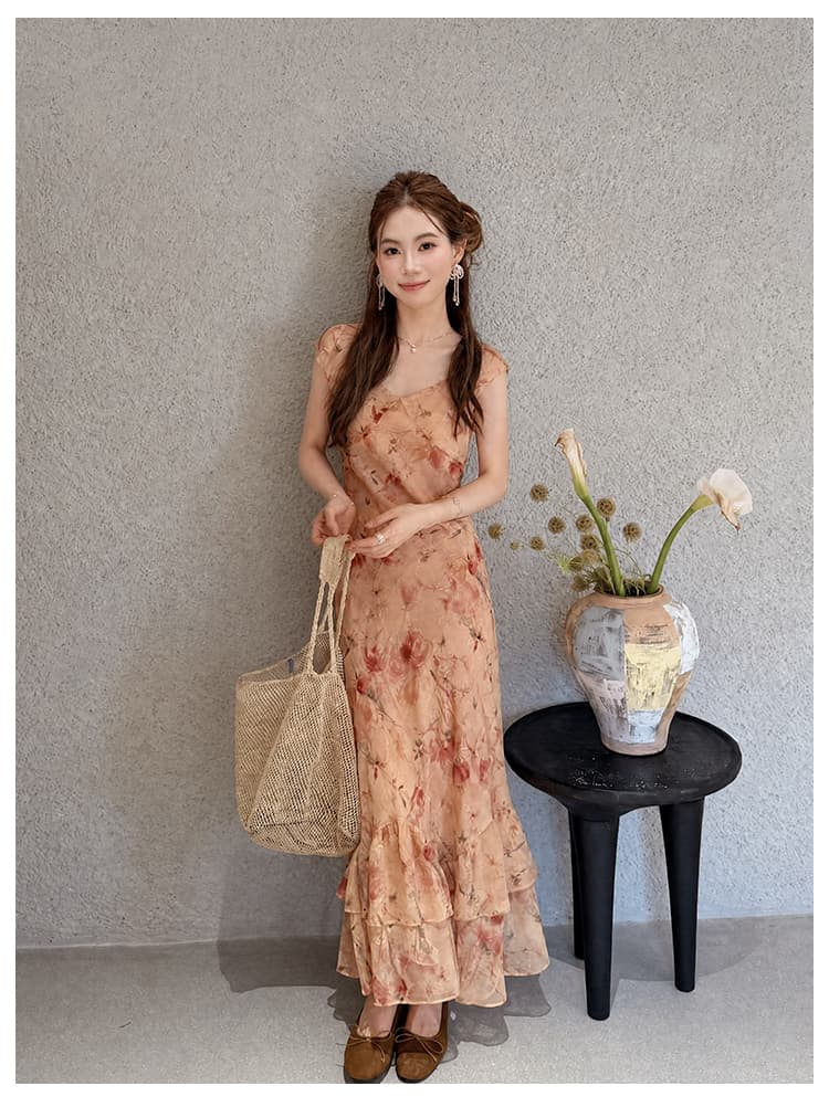 실사 여름 새로운 여성 의류 프랑스식 우아함 프린트 치마 반팔 쉬폰 꽃무늬 여성 드레스 상세 이미지 10