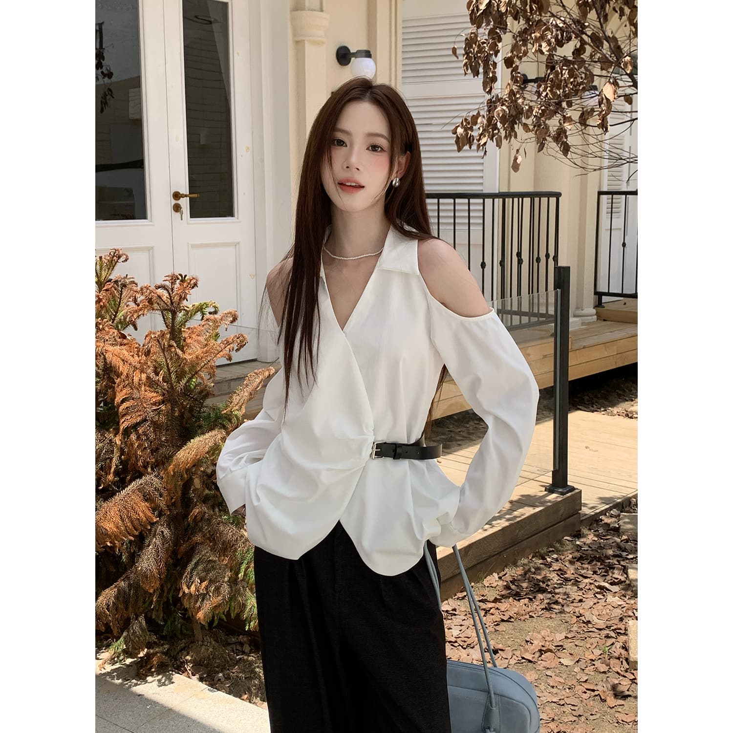실사 가을 새로운 여성 의류 디자인 센스 맨위 작은 셔츠 단색 긴팔 여성 셔츠 이미지 2