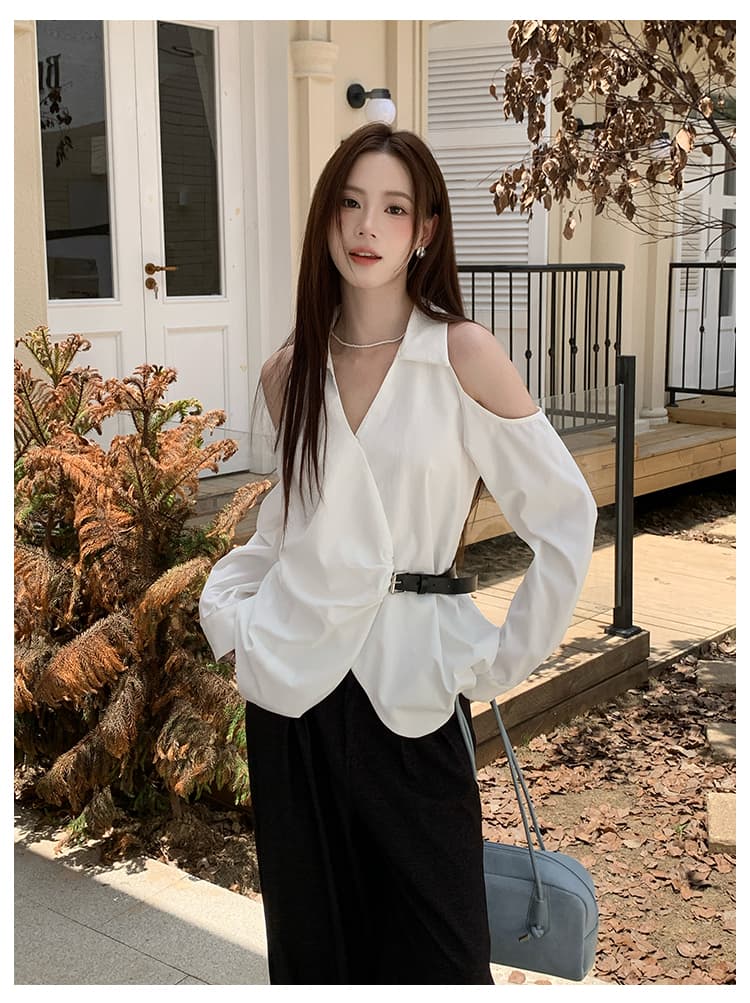 실사 가을 새로운 여성 의류 디자인 센스 맨위 작은 셔츠 단색 긴팔 여성 셔츠 상세 이미지 7