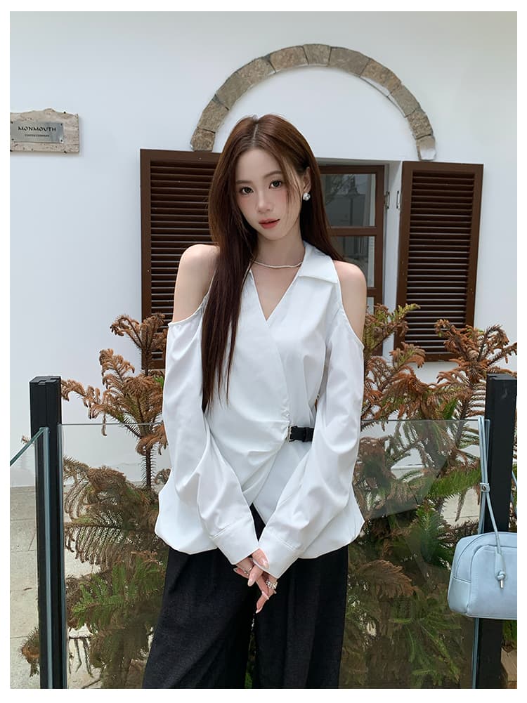 실사 가을 새로운 여성 의류 디자인 센스 맨위 작은 셔츠 단색 긴팔 여성 셔츠 상세 이미지 11