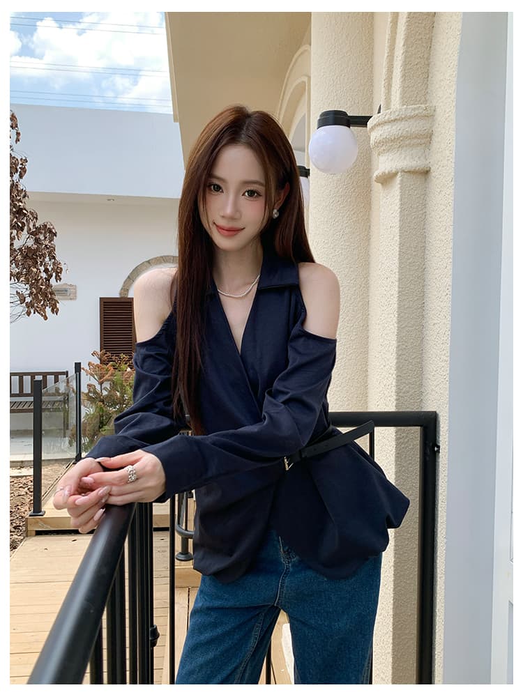 실사 가을 새로운 여성 의류 디자인 센스 맨위 작은 셔츠 단색 긴팔 여성 셔츠 상세 이미지 16