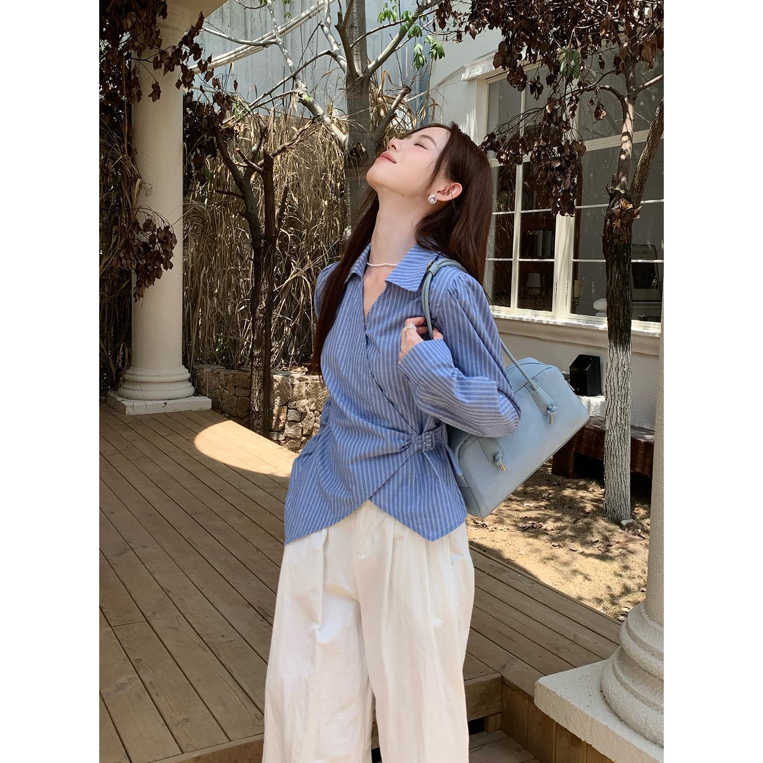 실사 가을 새로운 여성 의류 한 부서 레트로 맨위 작은 셔츠 긴팔 스트라이프 여성 셔츠
