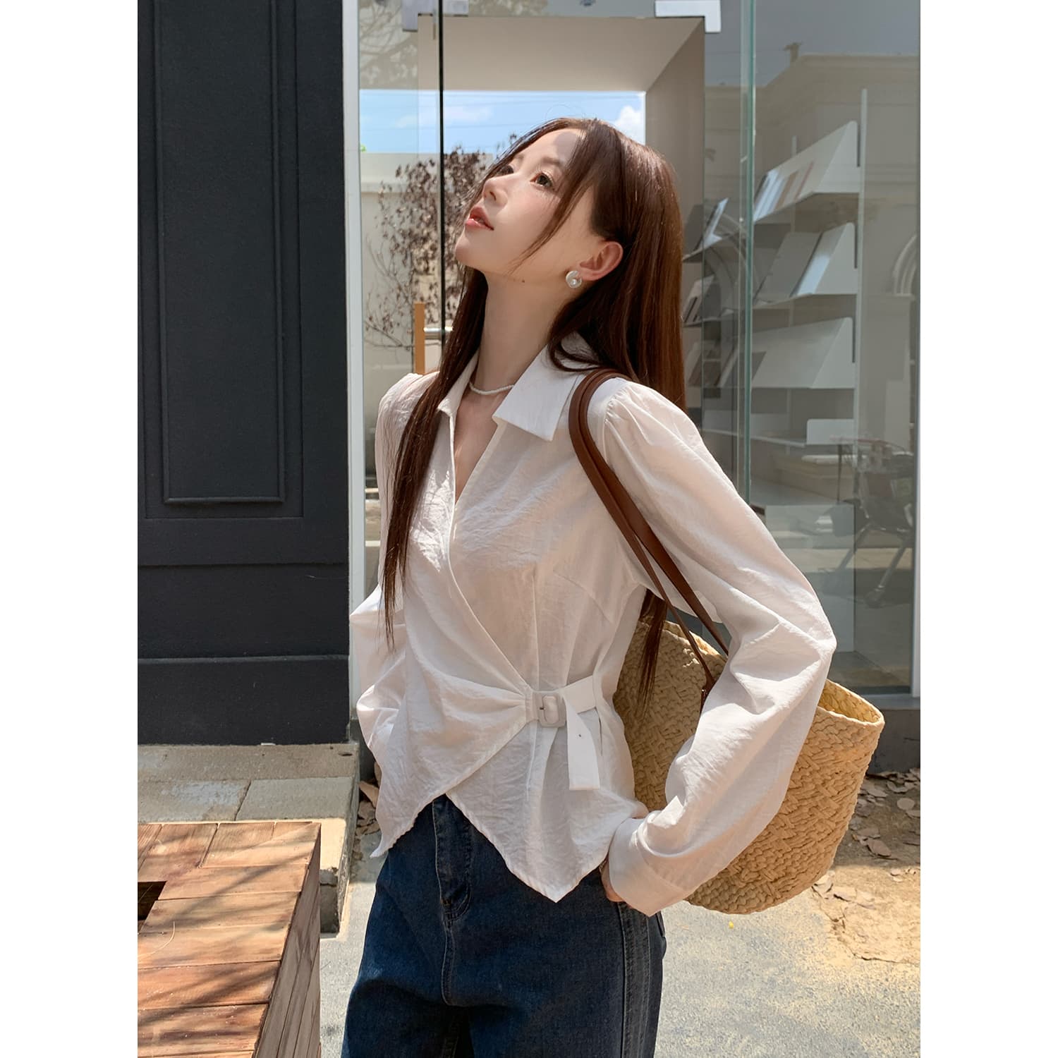 실사 가을 새로운 여성 의류 한 부서 레트로 맨위 작은 셔츠 긴팔 스트라이프 여성 셔츠 이미지 5