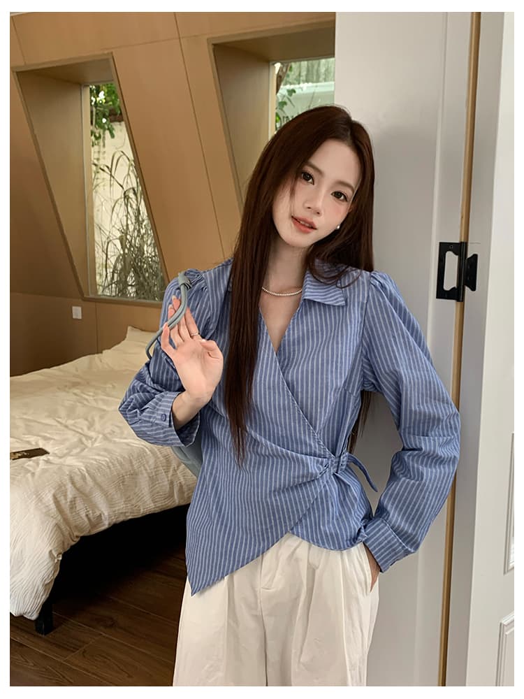 실사 가을 새로운 여성 의류 한 부서 레트로 맨위 작은 셔츠 긴팔 스트라이프 여성 셔츠 상세 이미지 16