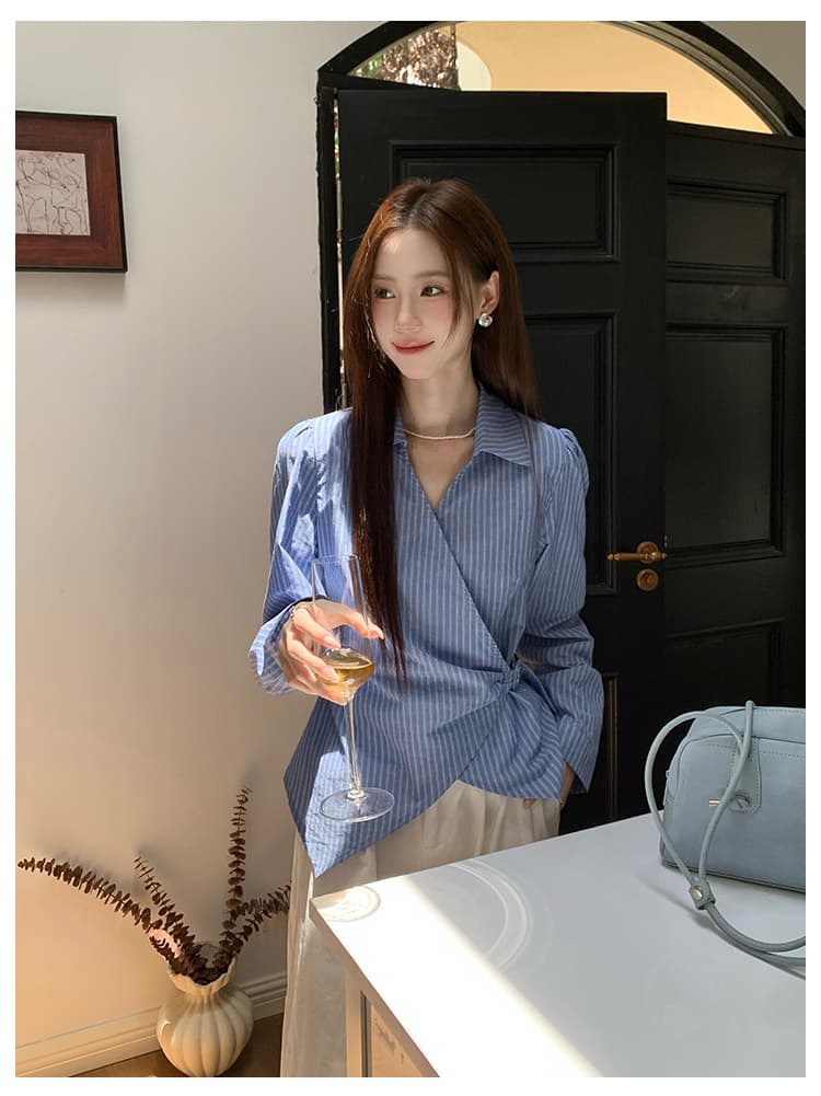 실사 가을 새로운 여성 의류 한 부서 레트로 맨위 작은 셔츠 긴팔 스트라이프 여성 셔츠 상세 이미지 19