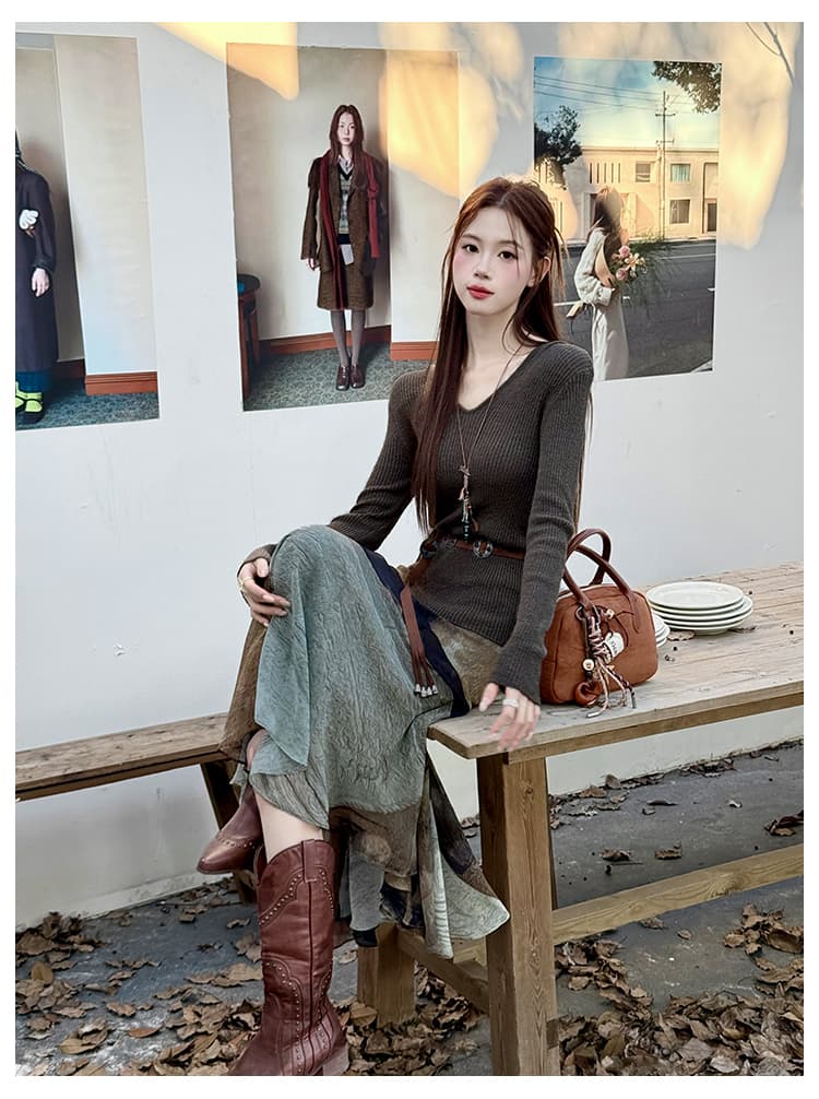 실사 가을 새로운 단색 후드 니트 스웨터 쉬폰 홀치기 염색 반신 스커트 투피스 세트 여성복 상세 이미지 9